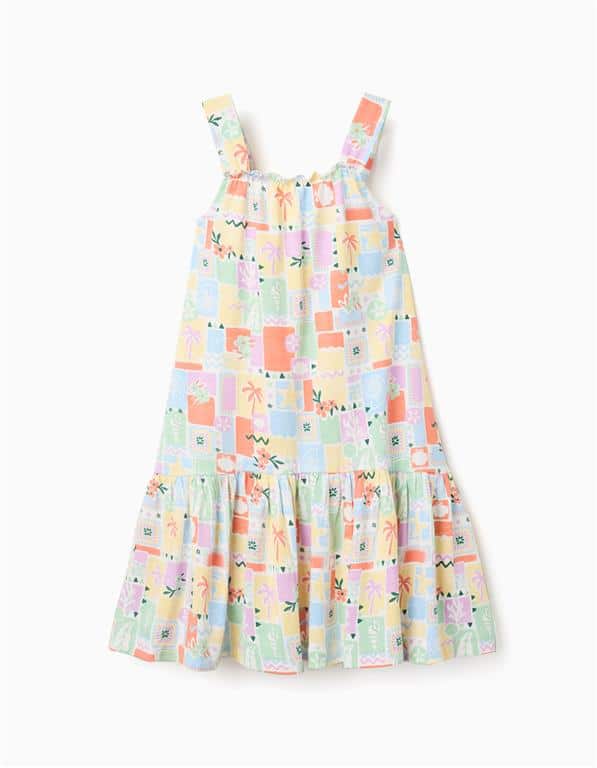 Robe blanche pour fille avec motifs estivaux colorés, larges bretelles et bas volanté, marque Zippy, nouvelle collection chez Casual Sénas.
