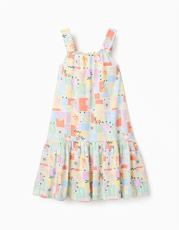 Robe blanche pour fille avec motifs estivaux colorés, larges bretelles et bas volanté, marque Zippy, nouvelle collection chez Casual Sénas.
