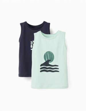 Lot de deux débardeurs d'été pour bébé garçon de la marque Zippy, un modèle bleu marine uni et un modèle vert avec imprimé marin, 100% coton, disponibles à la boutique Casual Sénas.