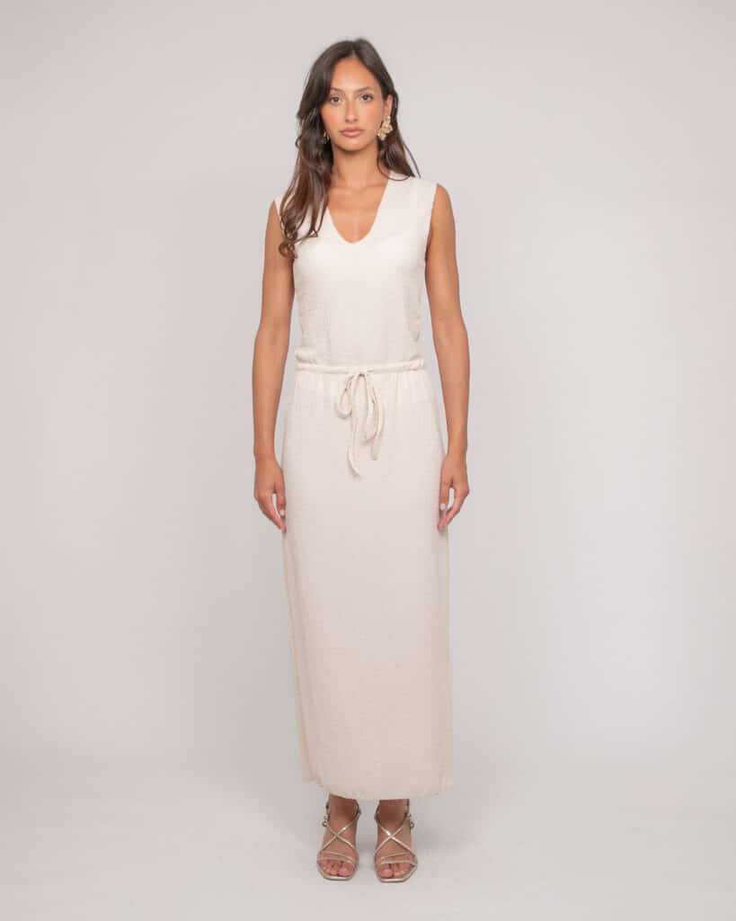 Ensemble 2 pièces femme beige Dona Lisa Xotaka débardeur col V jupe longue fluide matière texturée gaufrée style bohème chic Casual Sénas mode 2026