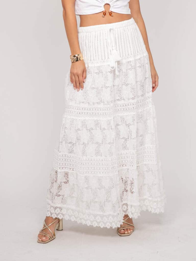 Jupe longue blanche femme Dona Lisa Xestina dentelle ajourée motifs floraux superpositions style bohème chic romantique Casual Sénas mode 2026