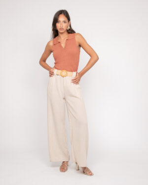 Pantalon beige moka femme Dona Lisa Elouve 51 coupe fluide large jambe droite taille haute ceinture boucle ronde effet naturel style bohème chic Casual Sénas mode 2026