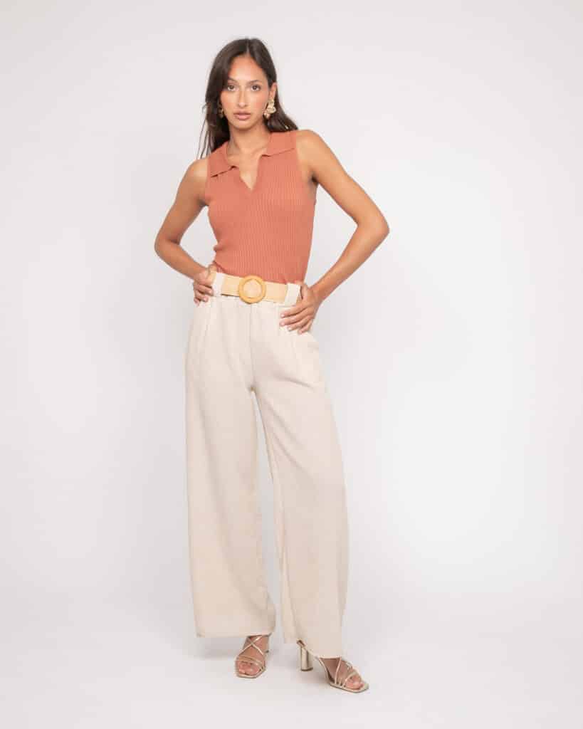 Pantalon beige moka femme Dona Lisa Elouve 51 coupe fluide large jambe droite taille haute ceinture boucle ronde effet naturel style bohème chic Casual Sénas mode 2026