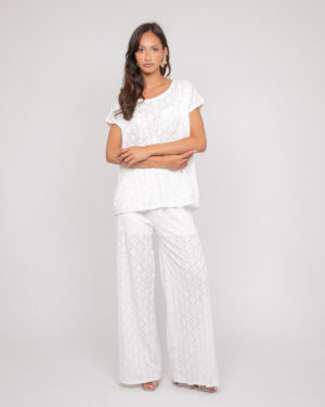 Pantalon blanc fluide ajouré femme Dona Lisa Esuna coupe large jambe droite tissu motifs géométriques relief style bohème chic Casual Sénas mode 2026