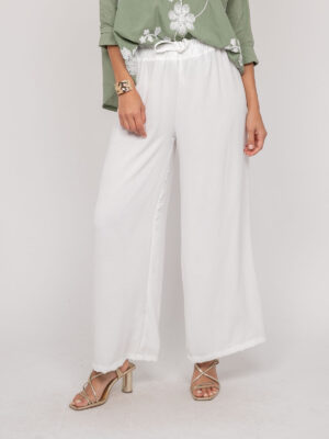 Pantalon large blanc femme Dona Lisa Erell coupe fluide droite taille élastique lien à nouer matière viscose polyester style estival bohème chic Casual Sénas mode 2026