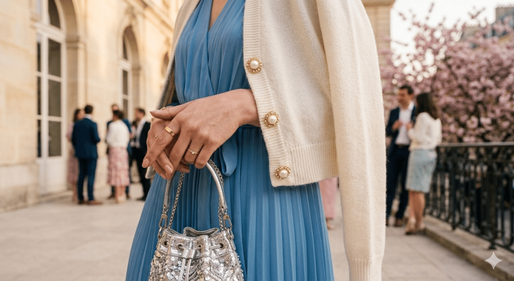 Accessoires de cérémonie 2026 : cardigan court maille bijoux crème et mini-sac seau argenté pour invitée.