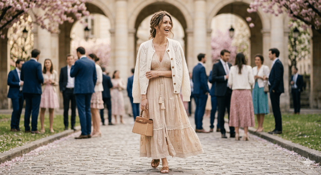 Silhouette élégante en gilet blanc assorti mocha fluide pour femme ronde invitée à un mariage civil 2026.