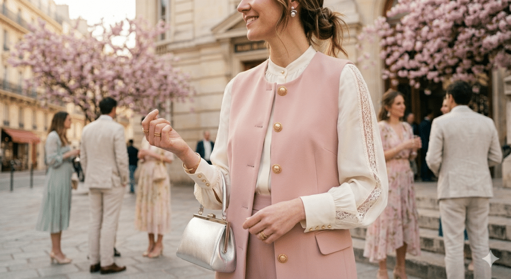 Silhouette élégante en gilet blanc assorti mocha fluide pour femme ronde invitée à un mariage civil 2026.