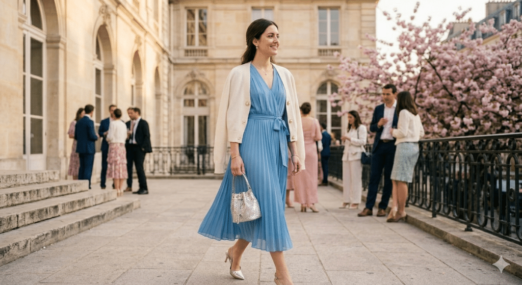Silhouette élégante en robe bleu horizon crème fluide pour femme ronde invitée à un mariage civil 2026.