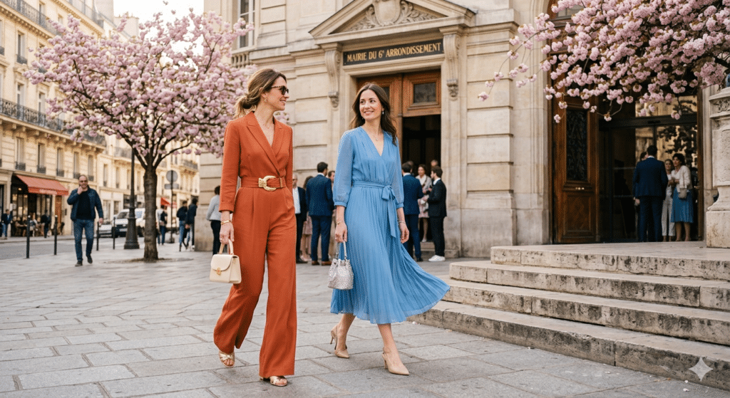 Tenue invitée mariage civil avril 2026 : combinaison terracotta chic et robe bleu horizon devant la mairie.