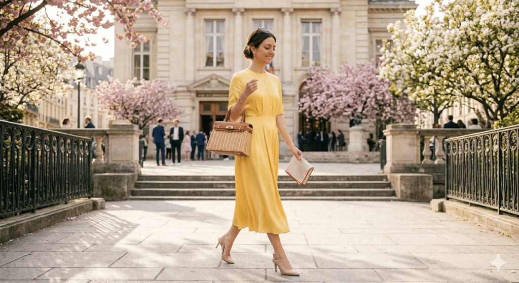 Silhouette élégante en robe jaune sorbet crème fluide pour femme ronde invitée à un mariage civil 2026.