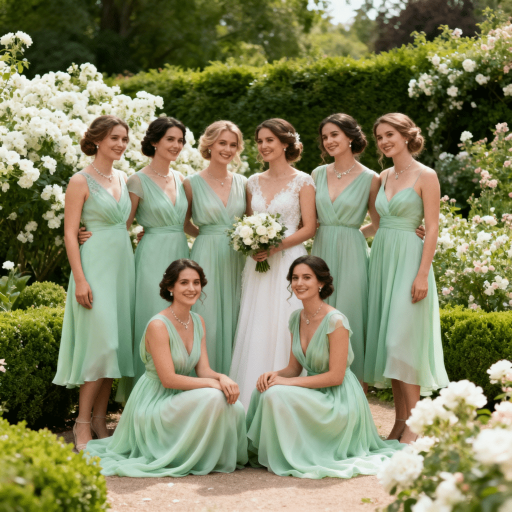 Groupe d'invitée et demoiselles d'honneur en robes midi fluide mousseline vert sauge et mix & match pour mariage juin 2026 dans jardin provençal