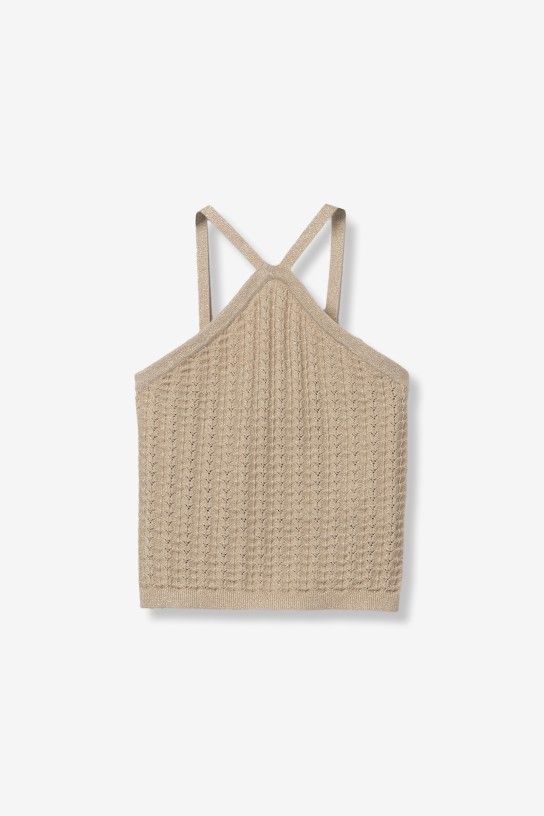 Top beige brillant Tiffosi femme, maille légère et élégante. Idéal été chic ou casual. Disponible à Sénas, retrait rapide ou livraison.