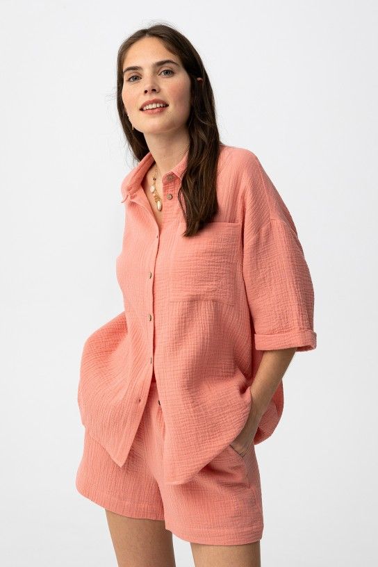 Chemise fluide femme gaze de coton rose corail Tiffosi Bambulina manches longues oversize été Casual Sénas