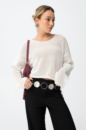 tricot blanc femme maille ajourée coton léger manches longues style bohème été Provence entre Alpilles et Lubéron
