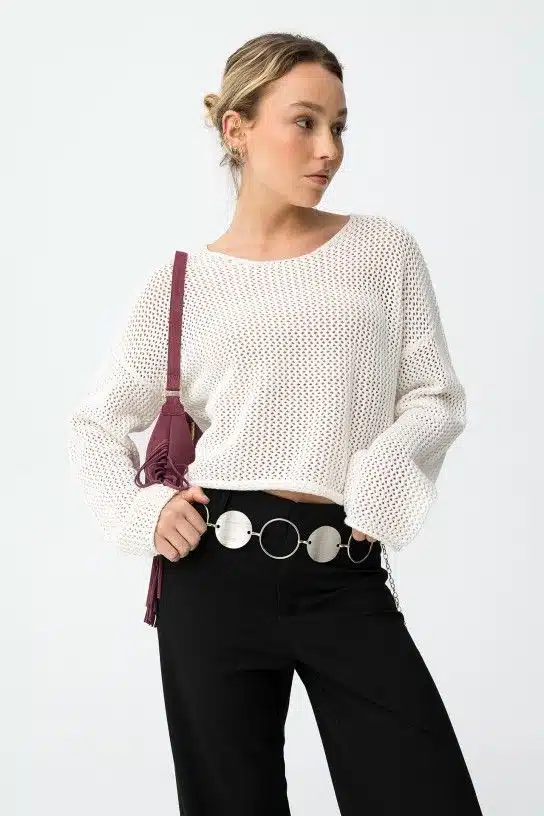 tricot blanc femme maille ajourée coton léger manches longues style bohème été Provence entre Alpilles et Lubéron