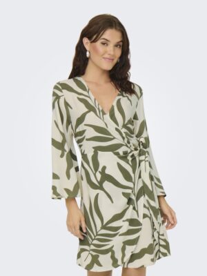 Robe courte beige femme JDY Sezen coupe cache-cœur avec manches longues volumineuses en viscose éco-responsable collection printemps-été 2026 boutique Casual Sénas.