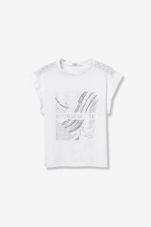 T-shirt blanc femme Tiffosi Horsea motif Minimal Summer 100 % coton avec détails ajourés épaules collection printemps-été 2026 boutique Casual Sénas.