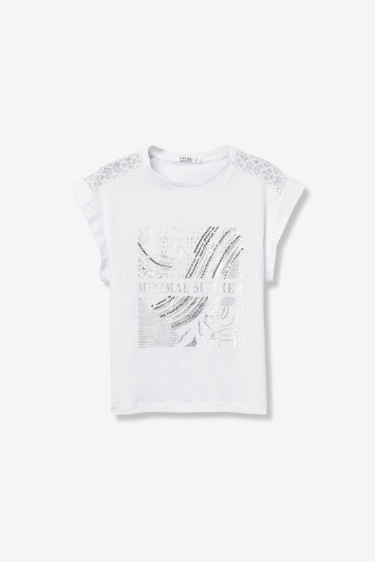 T-shirt blanc femme Tiffosi Horsea motif Minimal Summer 100 % coton avec détails ajourés épaules collection printemps-été 2026 boutique Casual Sénas.