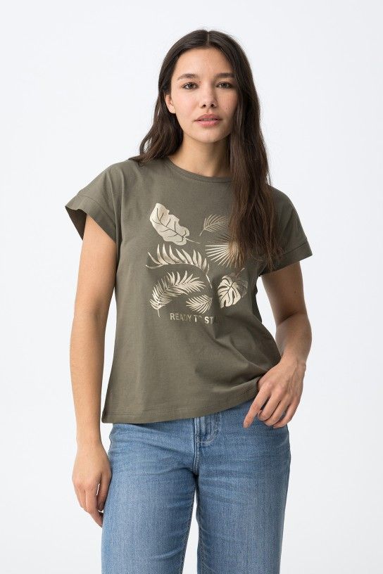 T-shirt vert femme Tiffosi Kika13 motif tropical imprimé nature 100 % coton collection printemps-été 2026 boutique Casual Sénas.