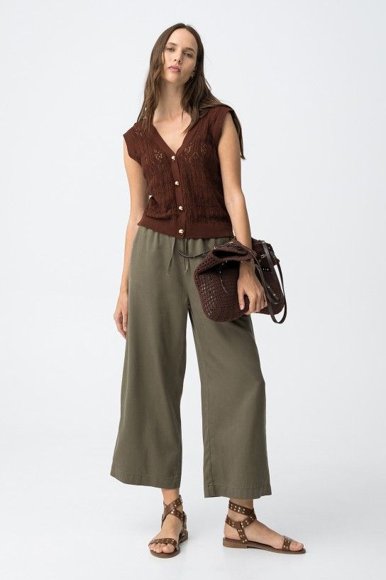 Pantalon fluide vert femme Tiffosi Roselin1 en lyocell coupe 7/8ème avec cordon de serrage collection printemps-été 2026 boutique Casual Sénas.
