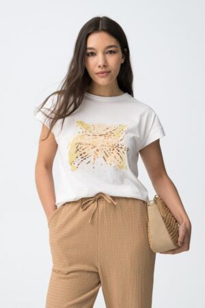T-shirt blanc femme Tiffosi Kika13 imprimé Tropical Madness 100 % coton col rond collection printemps-été 2026 boutique Casual Sénas.