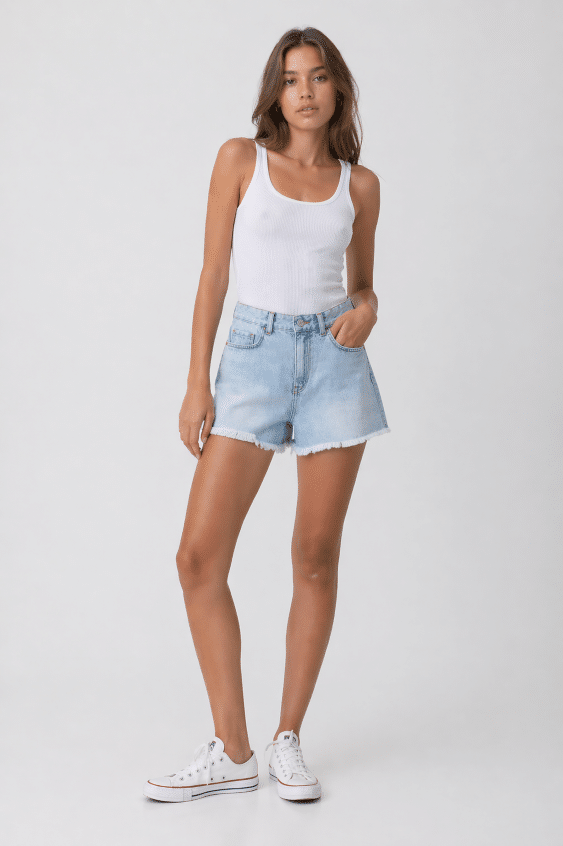 Short en jean bleu clair Tiffosi Jenna36 femme avec taille haute et finition effilochée, coupe courte été, disponible à Sénas 13560 et en livraison en France