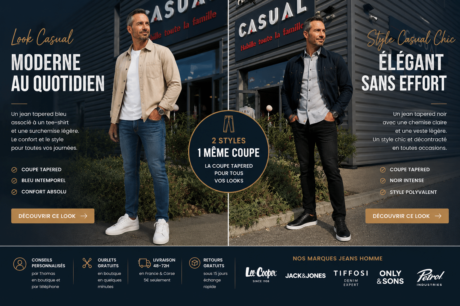 Deux looks homme en jean tapered présentés devant la boutique Casual Senas à Sénas avec un style casual moderne et casual chic autour du denim homme.