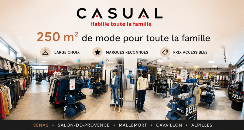 Intérieur de la boutique Casual Senas présentant plus de 250 m² de vêtements pour toute la famille avec un large choix de marques reconnues et des prix accessibles.