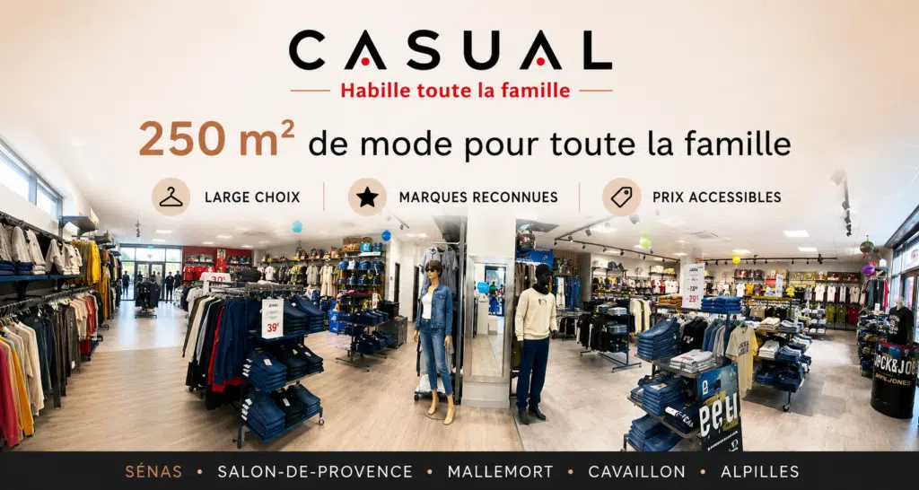 Intérieur de la boutique Casual Senas présentant plus de 250 m² de vêtements pour toute la famille avec un large choix de marques reconnues et des prix accessibles.