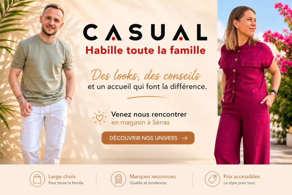 Thomas et Cyrielle devant la boutique Casual Sénas présentant une sélection de vêtements pour toute la famille à proximité de Mérindol, Alleins, Cazan et Vernègues.