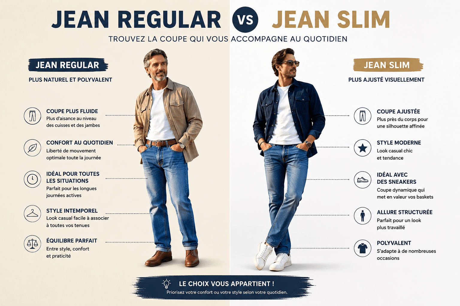 Infographie comparant un jean regular homme et un jean slim homme avec deux silhouettes masculines illustrant les différences de confort, de coupe et de style chez Casual Senas près d’Avignon et Salon-de-Provence.