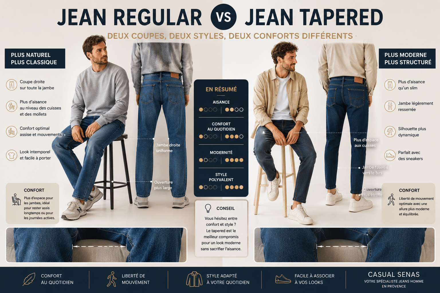Comparatif pédagogique entre un jean regular homme et un jean tapered homme montrant les différences de coupe, d’aisance et de silhouette chez Casual Senas à Sénas près de Salon-de-Provence et Avignon.