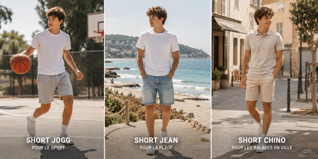 Comparatif de trois shorts ado garçon portés par le même adolescent : un short jogg pour le sport, un short en jean pour les vacances en bord de mer et un short chino pour les promenades en ville.