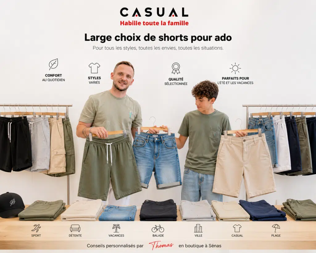 Thomas présente deux styles de shorts à un adolescent chez Casual Senas à Sénas afin de l'aider à choisir un modèle adapté à ses vacances et à son quotidien.