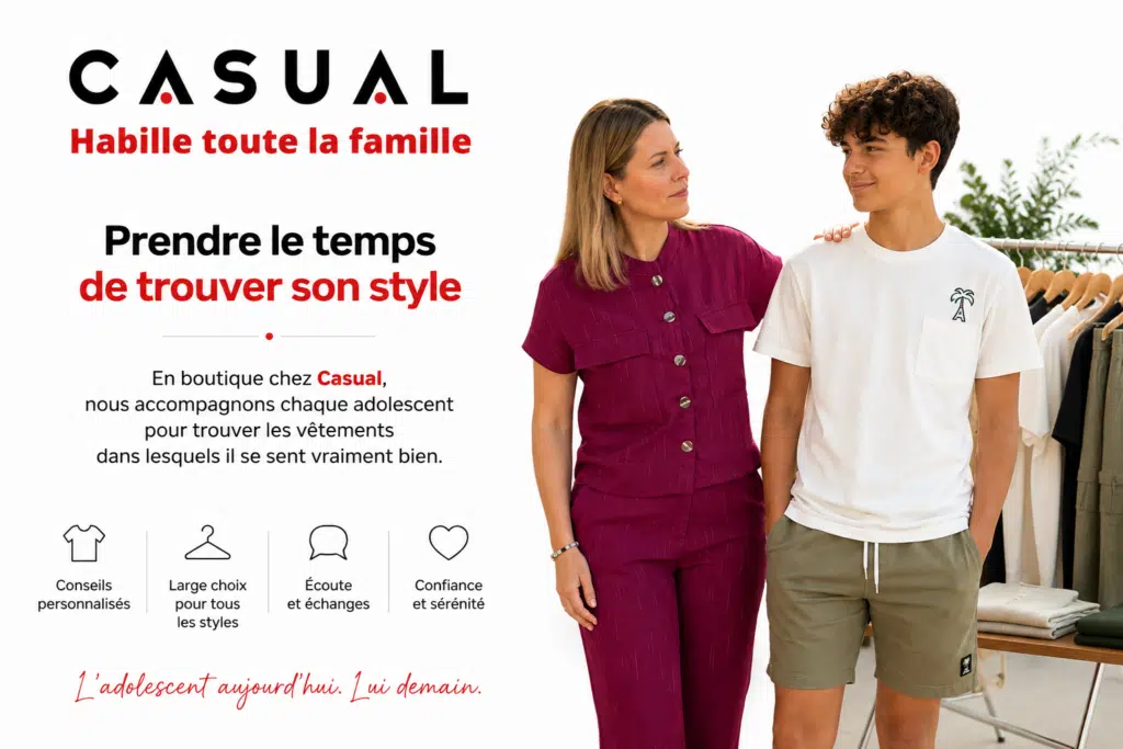 Cyrielle accompagne un adolescent dans le choix de vêtements adaptés à son style et à ses envies chez Casual Senas à Sénas près de Salon-de-Provence.