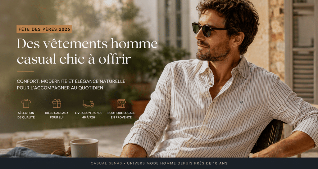 Homme portant une chemise casual chic en terrasse en Provence pour la Fête des Pères 2026"