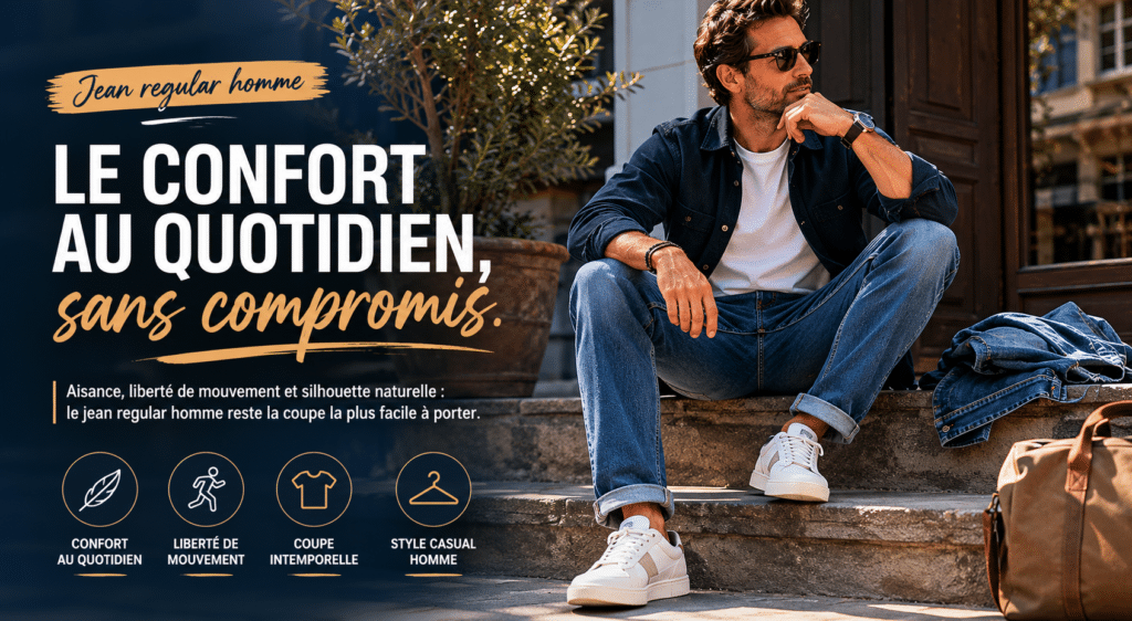Homme portant un jean regular homme casual chic devant une boutique dans le sud de la France, illustration du confort quotidien des jeans homme Casual Senas près d’Avignon et Salon-de-Provence.