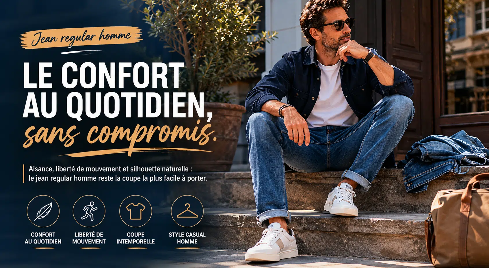 Homme portant un jean regular homme casual chic devant une boutique dans le sud de la France, illustration du confort quotidien des jeans homme Casual Senas près d’Avignon et Salon-de-Provence.