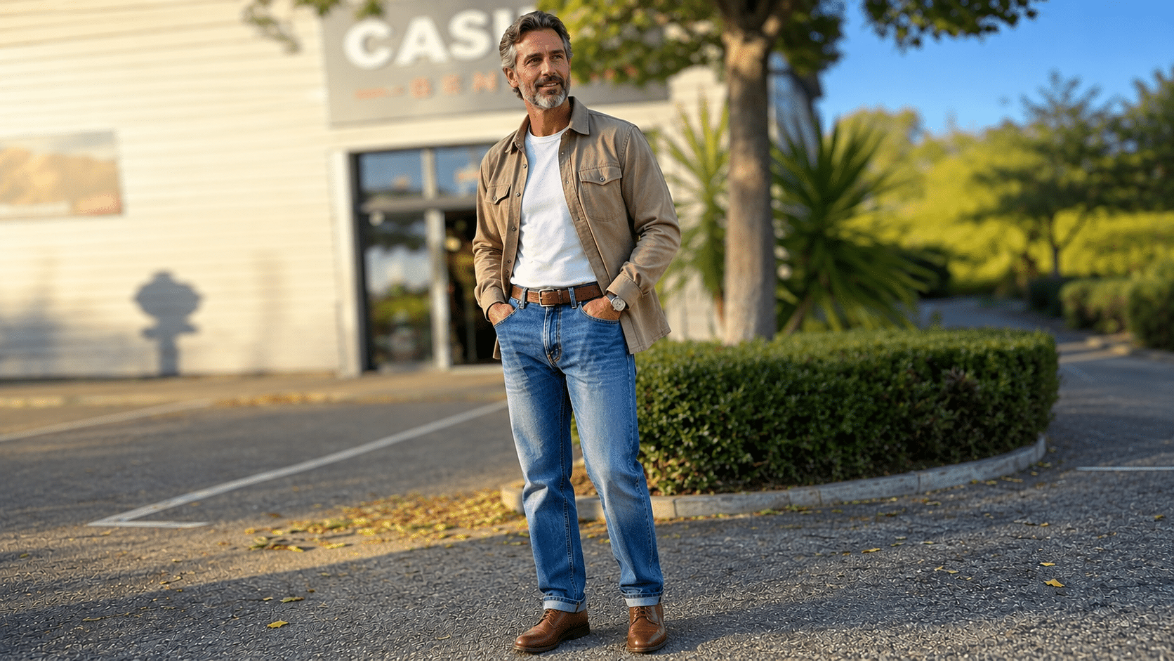 Homme de style casual chic vintage portant un jean regular homme bleu avec surchemise beige devant la boutique Casual Senas près de Salon-de-Provence et Avignon.