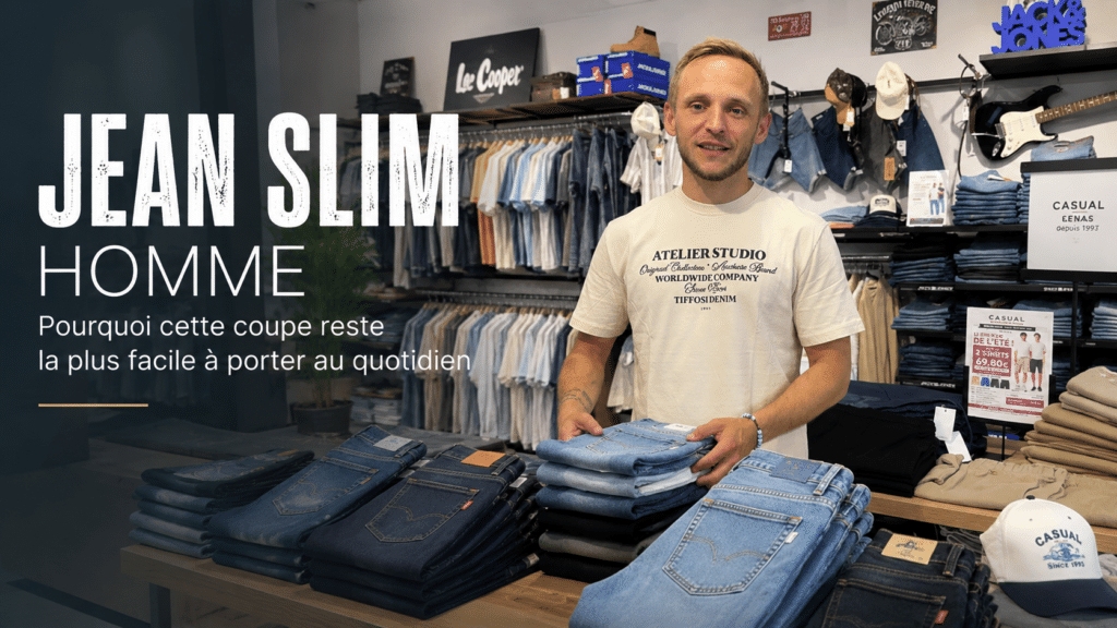Thomas présente différents jeans slim homme dans la boutique Casual Senas à Sénas près de Salon-de-Provence avec plusieurs délavages denim confortables et modernes