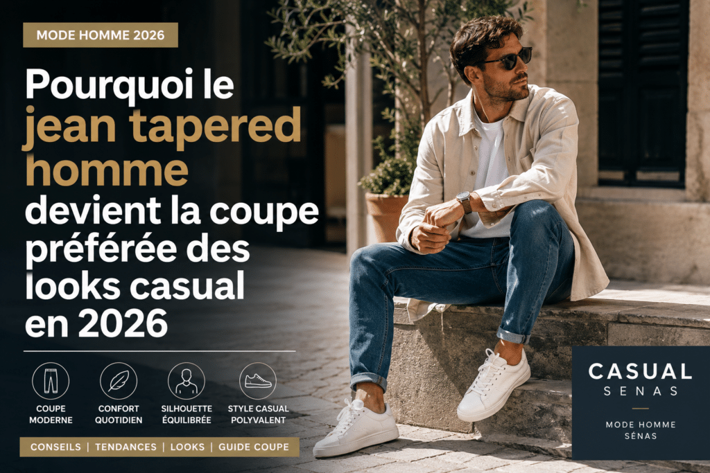 Homme portant un jean tapered homme casual chic devant une boutique mode dans le sud de la France, illustration des tendances jeans homme 2026 chez Casual Senas près d’Avignon, Salon-de-Provence et Cavaillon.