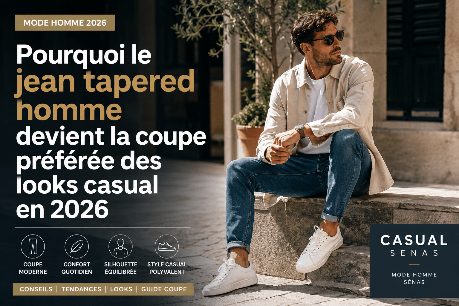 Homme portant un jean tapered homme casual chic devant une boutique mode dans le sud de la France, illustration des tendances jeans homme 2026 chez Casual Senas près d’Avignon, Salon-de-Provence et Cavaillon.