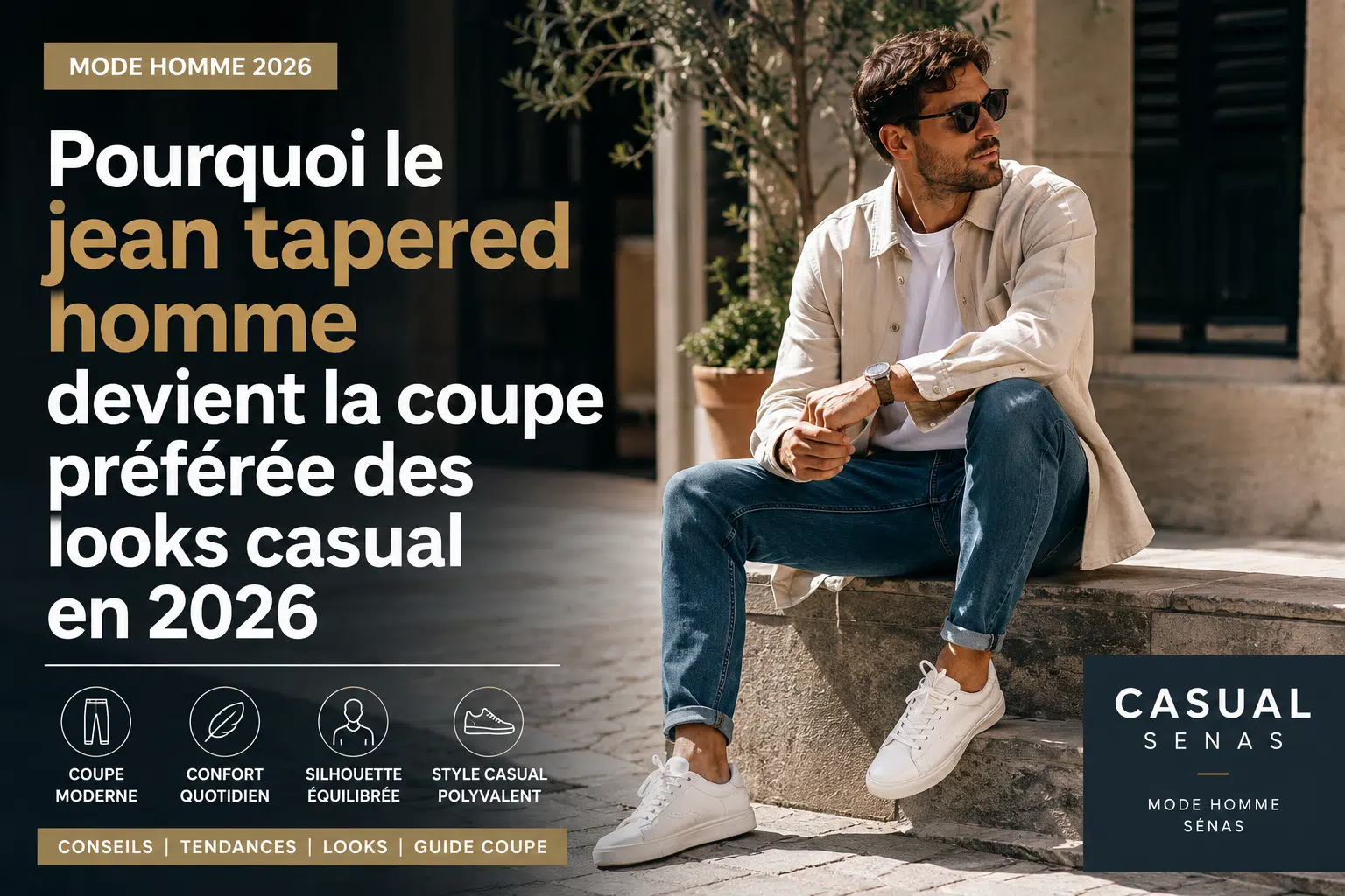 Homme portant un jean tapered homme casual chic devant une boutique mode dans le sud de la France, illustration des tendances jeans homme 2026 chez Casual Senas près d’Avignon, Salon-de-Provence et Cavaillon.