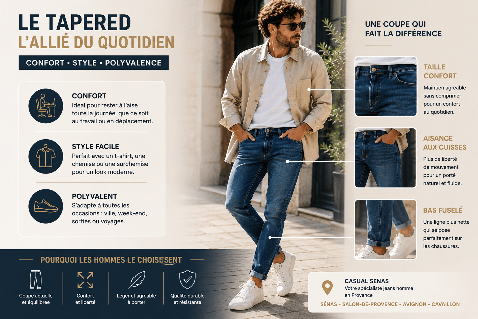 Illustration pédagogique d’un jean tapered homme avec détails coupe fuselée, confort et style casual moderne chez Casual Senas à Sénas près de Salon-de-Provence, Avignon et Cavaillon.