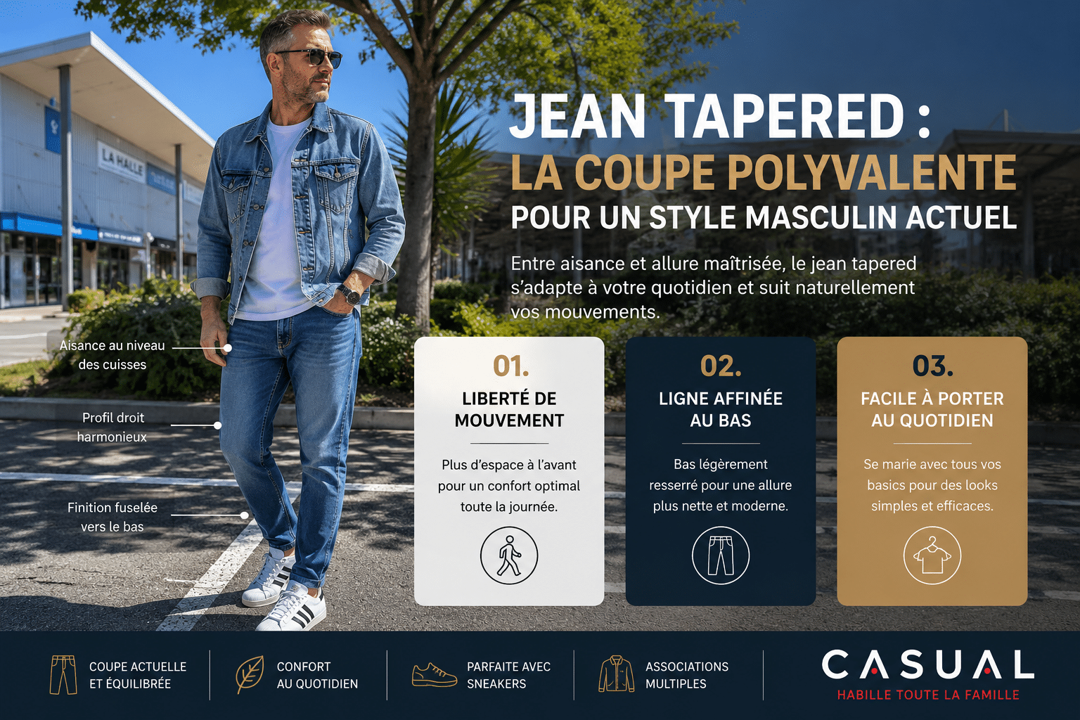 Homme de 45 ans portant un jean tapered avec veste en jean dans un style casual masculin actuel à la zone commerciale de la Capelette avenue de la Capelette 13560 Sénas près de Salon-de-Provence et Avignon.