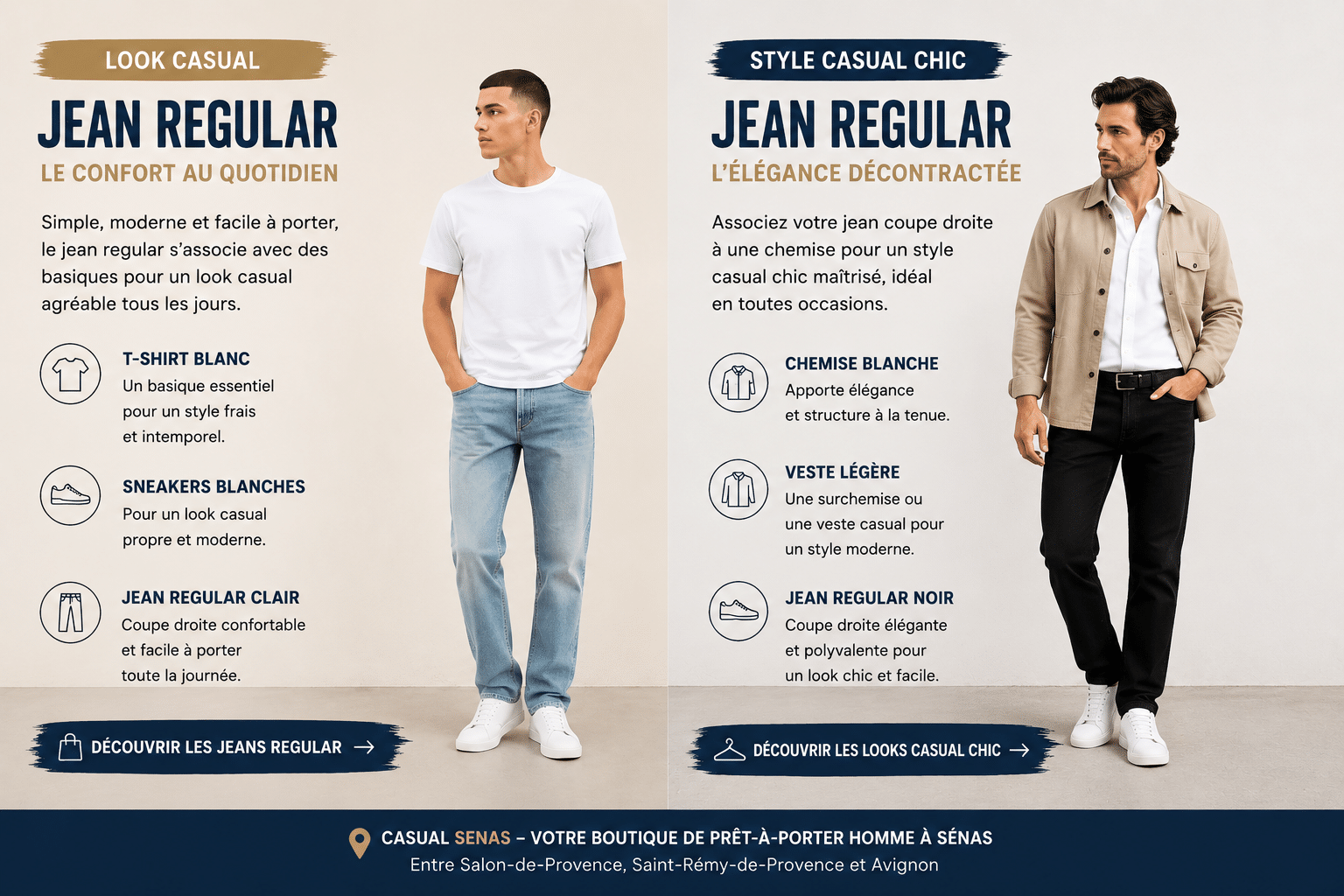 Comparatif de looks casual et casual chic avec jean regular homme clair et noir présenté par Casual Senas près de Salon-de-Provence et Miramas.