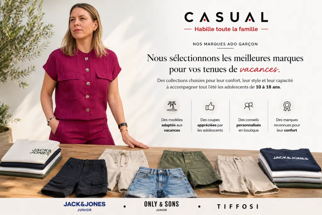 Cyrielle présente une sélection de shorts ado garçon et de vêtements de vacances des marques Jack and Jones Junior, Only and Sons et Tiffosi chez Casual Senas à Sénas près de Salon-de-Provence.
