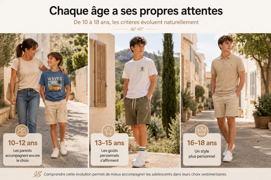 Illustration de l'évolution des goûts vestimentaires chez les adolescents entre 10 et 18 ans, depuis les choix accompagnés par les parents jusqu'à l'affirmation d'un style personnel, près de Mallemort, Lambesc, Saint-Cannat et Vernègues.