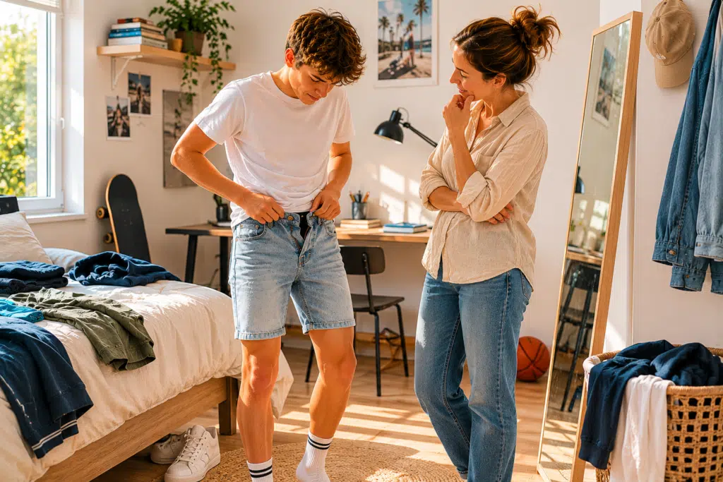 Un adolescent essaie un short en jean devenu trop petit sous le regard de sa mère dans sa chambre avant les vacances d'été.